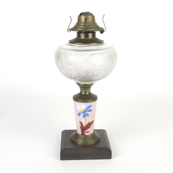 Composite Oil Lamp Antique Base Font Burner Floral Pink Blue Glass Stem