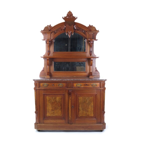 Victorian Buffet Server Rose Marble Top Sideboard Mirror Walnut Antique 19th C