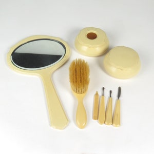 Vintage Vanity Set Celluloid Pyralin DuBarry Hand Mirror Brush Powder Jar