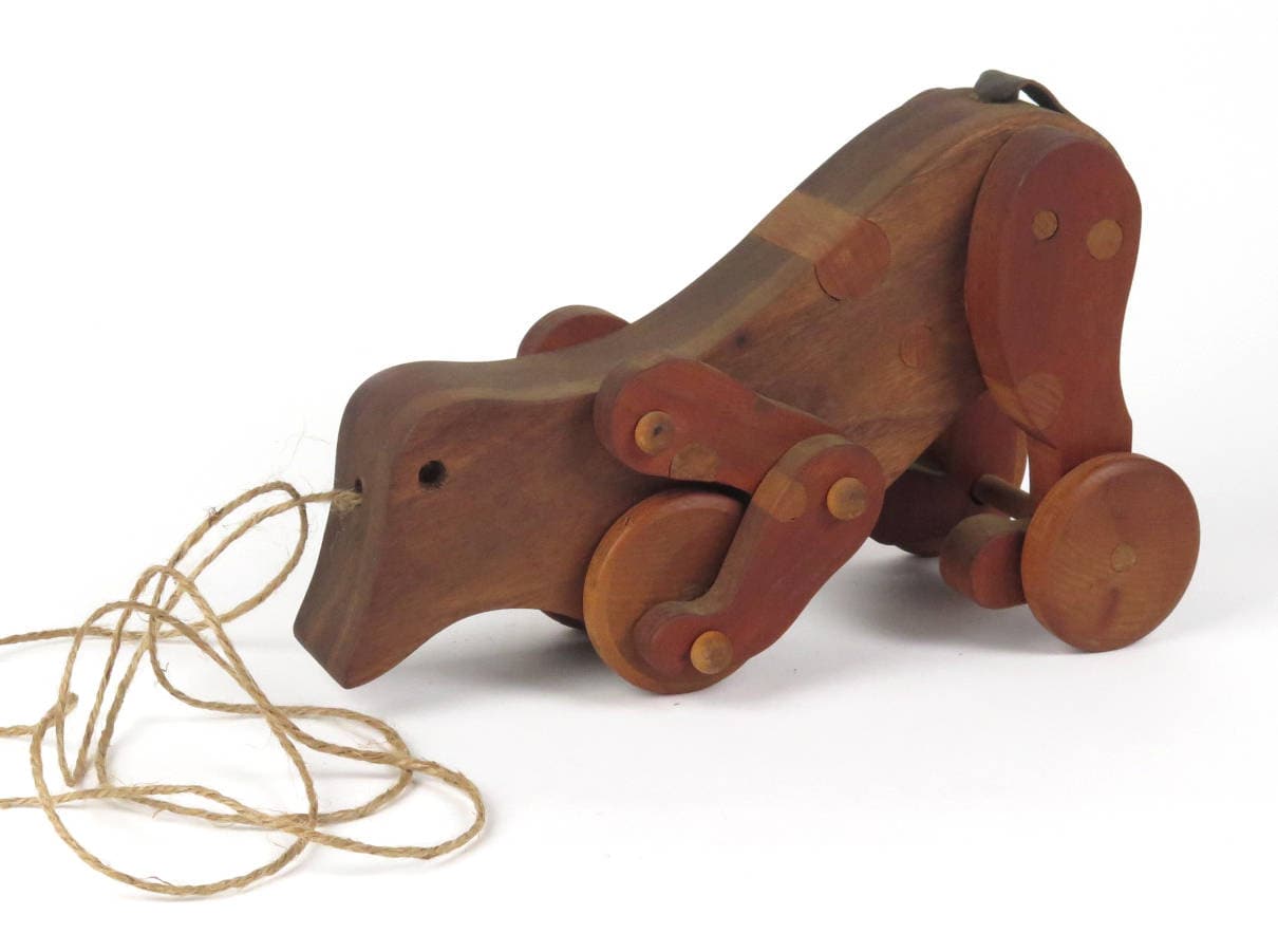 Vintage Handmade Wooden Pull Toy Dog Animal on Wheels - Etsy