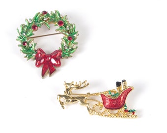 Vintage Christmas Brooch Holiday Wreath Tanya Creation Sleigh Enamel Gold Tone Lot 2