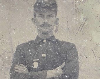 Soldier tintype photo post Civil War cased in uniform antique c 1880s 1/6 plate