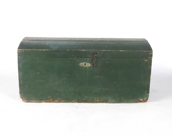 Antique Wooden Trunk Chest Dome Top Painted Green Dovetailed 19th c