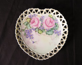 Hutschenreuther Selb LHS plate heart pierced vtg Bavaria M Brooks flowers gold