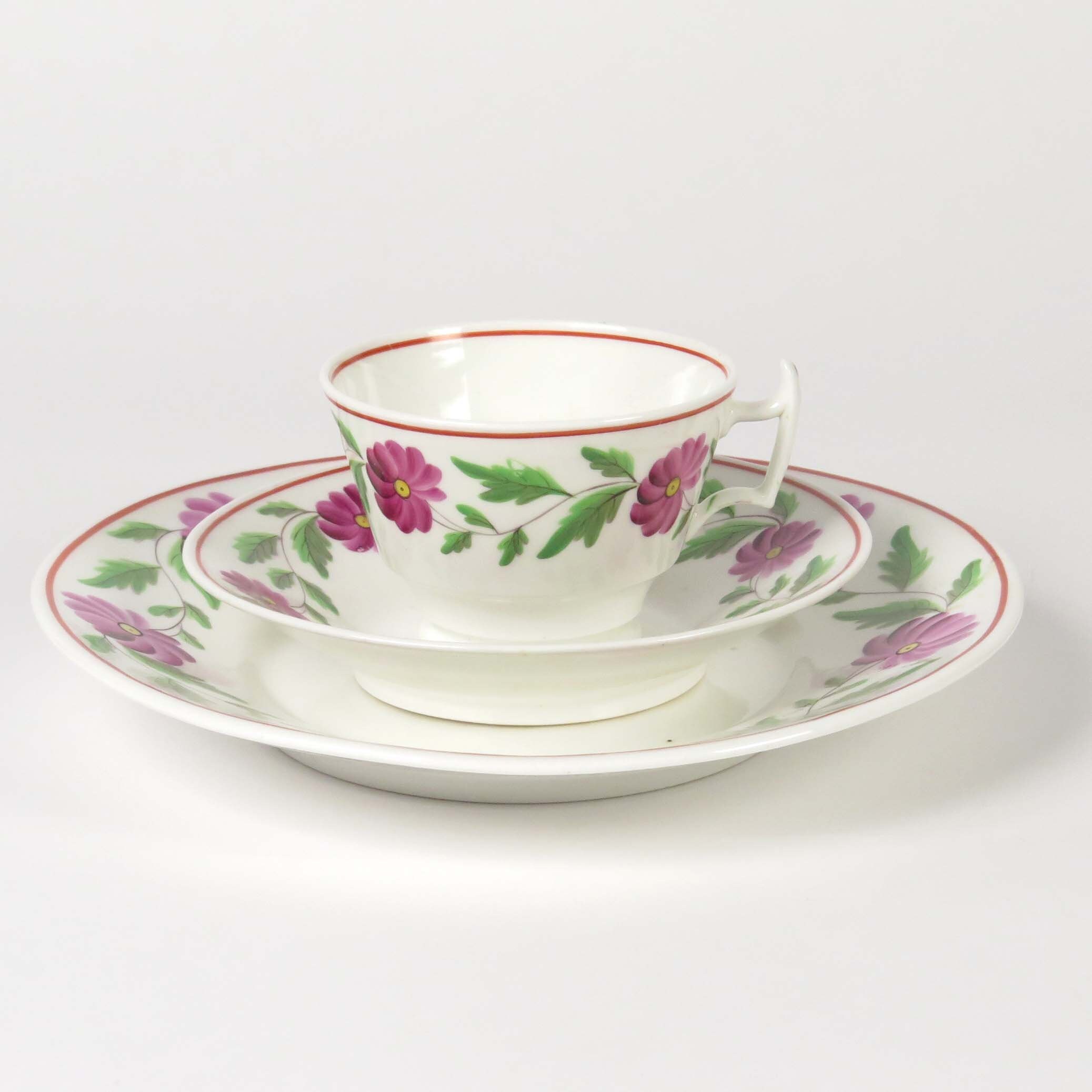 Antique Tea Cup Saucer Plate British Porcelain Staffordshire Purple Flowers 609