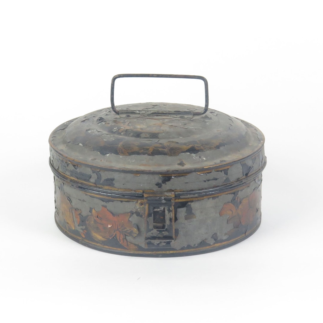 Antique Spice Box Tole Painted Toleware Black Round Primitive Metal ...