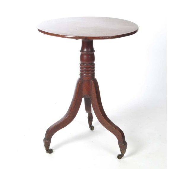 Antique candle stand table small round side 19th c inlaid legs