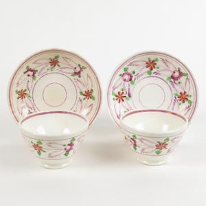 Pair Pink Lusterware Handless Tea Cup and Saucer Set Antique Floral