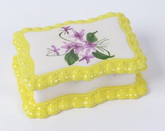 Vintage ceramic trinket dish white yellow purple flowers green 1983 Gator Mold Co