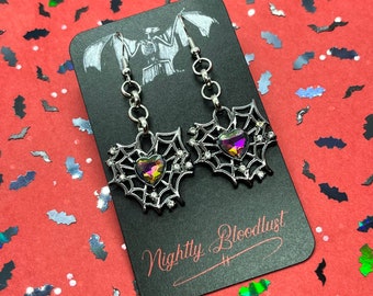 Heart Shaped Gothic Spider Web Dangling Charm Earrings with Rainbow Gems and Rhinestones