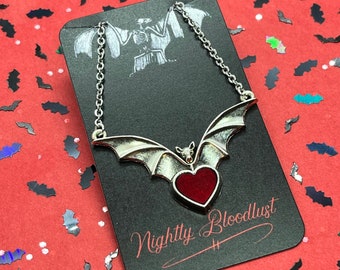 Flying Vampire Bat with Red Enamel Heart Necklace