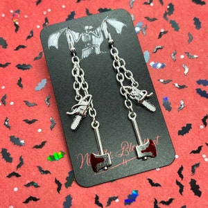American Psycho Inspired Chainsaw and Axe Dangling Charm Earrings v2.0