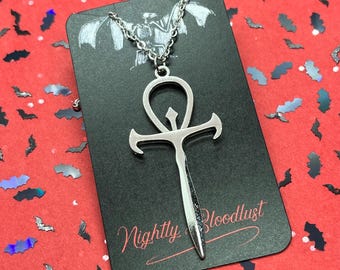 Large Vampire Ankh Necklace on a Stainless Steel Chain