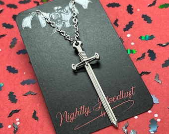 Antiqued Silver Medieval Sword Charm Necklace on a Stainless Steel Chain