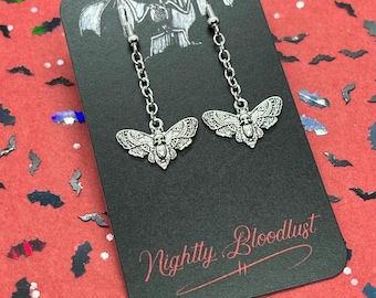 Antiqued Silver Deaths Head Moth Dangling Charm Earrings | Death Head Hawkmoth Earrings