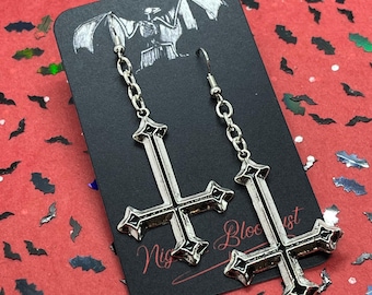 Black and Silver Inverted Cross Dangling Charm Earrings