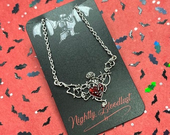 Rose Thorns With Red Heart Gothic Necklace