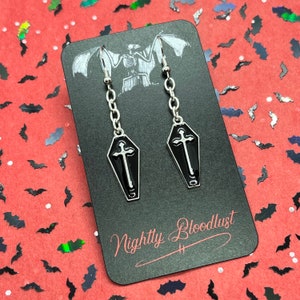 Coffin with Cross Charm Dangling Earrings in Black, Red, or Purple v2.0