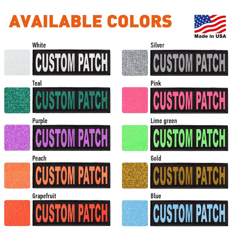 Custom patches for dog harness or dog collar; glitter text; white, teal, purple, peach, grapefruit, silver, pink, green, gold, blue letter colors