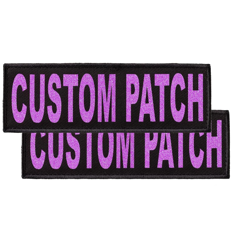 Personalized patch for dog harness, vest or collar with Purple Glitter lettering