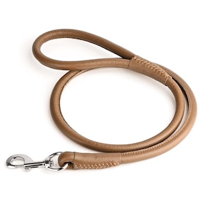 May include: A tan leather dog leash with a silver-colored metal clasp. The leash is made of a rounded, stitched leather material. The leash is designed for pet owners to use when walking their dogs.