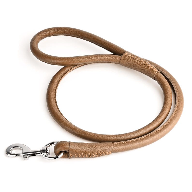 May include: A tan leather dog leash with a silver-colored metal clasp. The leash is made of a rounded, stitched leather material. The leash is designed for pet owners to use when walking their dogs.