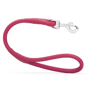 May include: A magenta-colored dog leash with a silver-colored metal clasp. The leash is made of a smooth, rounded material and features a loop handle. The brand name is visible on the handle.