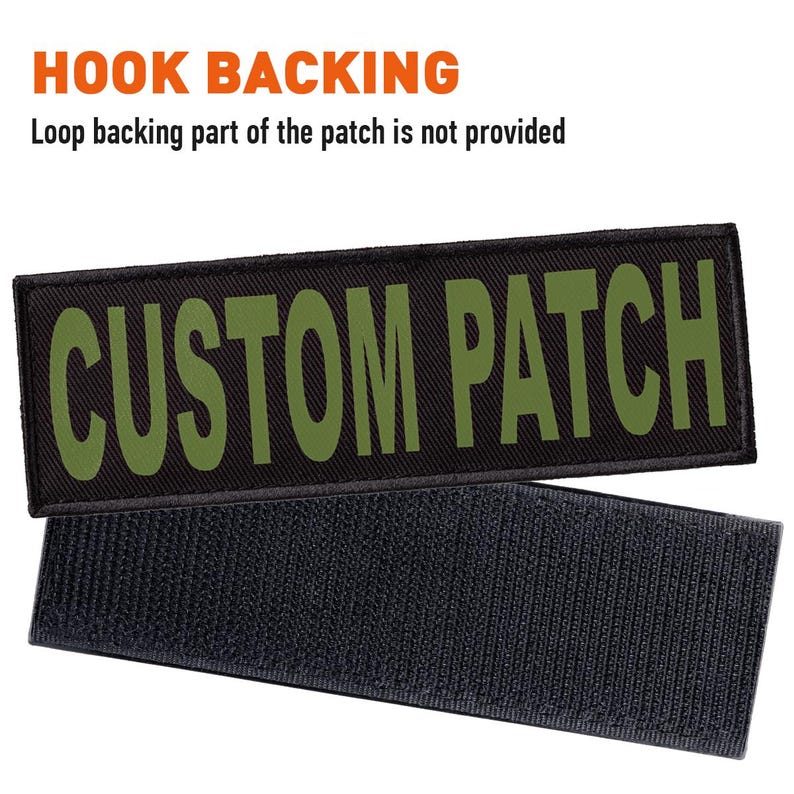 May include: Black patch with green text that reads "CUSTOM PATCH". The patch has a hook backing.