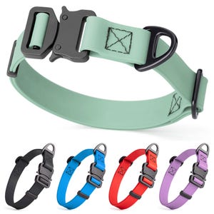Sage green Biothane dog collar with metal quick release buckle and D-ring, adjustable. Black, blue, red, purple and other colors available