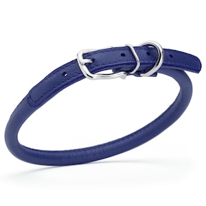 Royal Blue leather dog collar with metal hardware, round design, 3/8 inch wide