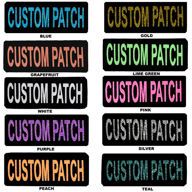 Custom Patches, with hook and loop backing. Blue, Gold, Grapefruit, Green, White, Pink, Purple, Silver, Peach or Teal