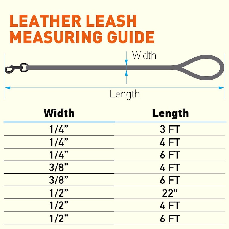 May include: A leather leash measuring guide with the text "LEATHER LEASH MEASURING GUIDE". The guide shows leash width and length measurements. Widths are 1/4", 3/8", and 1/2". Lengths are 3, 4, 6, and 22 feet.