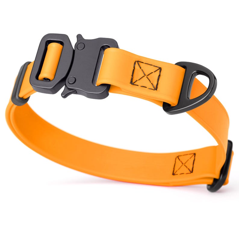 Tangerine Orange dog collar with metal buckle and D-ring, 3/4 inch wide, made from Biothane