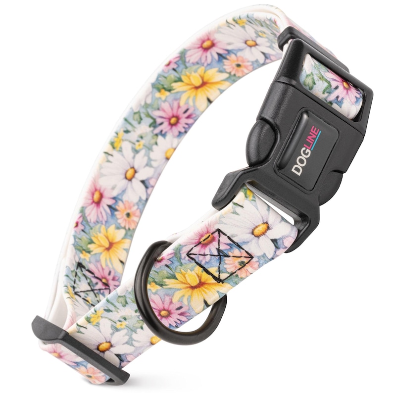 Printed Biothane dog collar with quick release buckle, Watercolor Daisies design