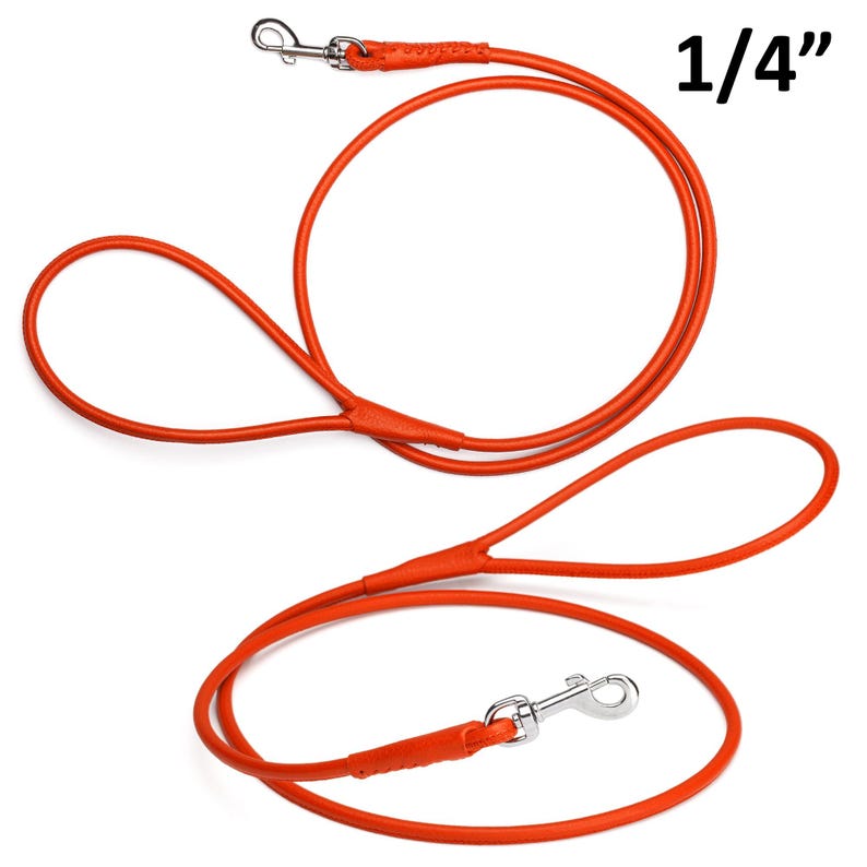 May include: Two orange dog leashes with silver-colored metal clasps. The leashes are made of a thin, round material. The text "1/4" is in the upper right corner.