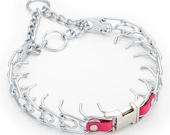 May include: A silver metal prong collar for dogs with a pink leather section and a buckle closure. The collar features a chain design with multiple prongs extending inward. The collar is designed to be worn around a dog's neck.