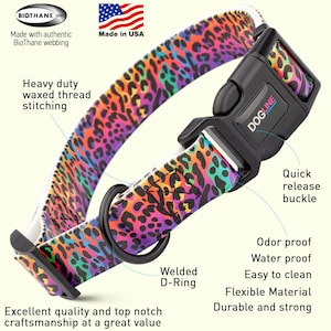 May include: A colorful, rainbow leopard print dog collar with a black quick release buckle and a welded D-ring. The collar is made of BioThane webbing and is made in the USA. It is odor proof, water proof, easy to clean, flexible, durable and strong. The text "DOGLINE" is printed on the buckle.