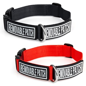 May include: Two dog collars, one black and one red, with a silver metal ring. Both collars have a black patch that says "REMOVABLE PATCH" in white letters.