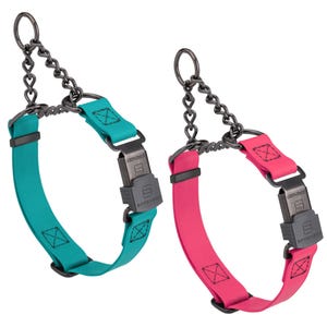 May include: Two dog collars with a chain and buckle design. One collar is teal, and the other is pink. Both collars have a black metal chain and buckle. The collars are designed for pet owners.