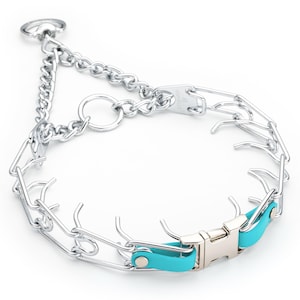 May include: A silver metal prong collar for dogs with a turquoise blue nylon buckle. The collar features a chain and a series of blunt prongs designed to apply pressure when the dog pulls. The collar is designed for training purposes.