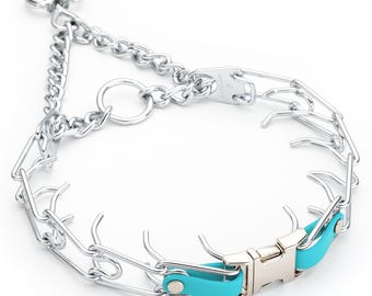 May include: A silver metal prong collar for dogs with a turquoise blue nylon buckle. The collar features a chain and a series of blunt prongs designed to apply pressure when the dog pulls. The collar is designed for training purposes.
