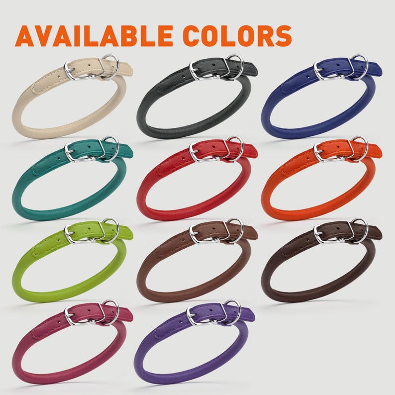 Rolled leather dog collars are available in 11 colors
