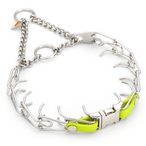 May include: A silver metal prong collar for dogs with a chain and a bright neon yellow clasp. The collar features multiple prongs and a secure buckle closure. The design is intended for training purposes.