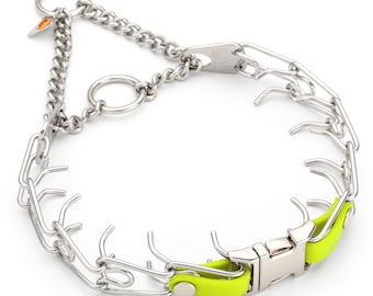 May include: A silver metal prong collar for dogs with a chain and a bright neon yellow clasp. The collar features multiple prongs and a secure buckle closure. The design is intended for training purposes.