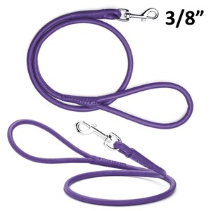 May include: A purple dog leash with a silver-colored clasp. The leash is 3/8" thick and has a loop at one end for the owner's hand. The leash is made of a smooth, flexible material.