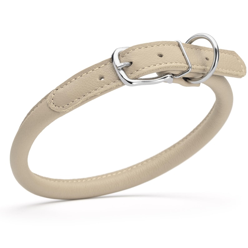Beige leather dog collar with metal hardware, round design, 1/2 inch wide