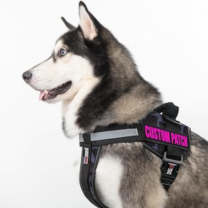 Dog harness with custom patch with pink lettering