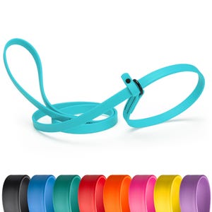 May include: A turquoise blue dog leash with a black metal buckle. The leash is made of a soft, flexible material and is designed for everyday use.