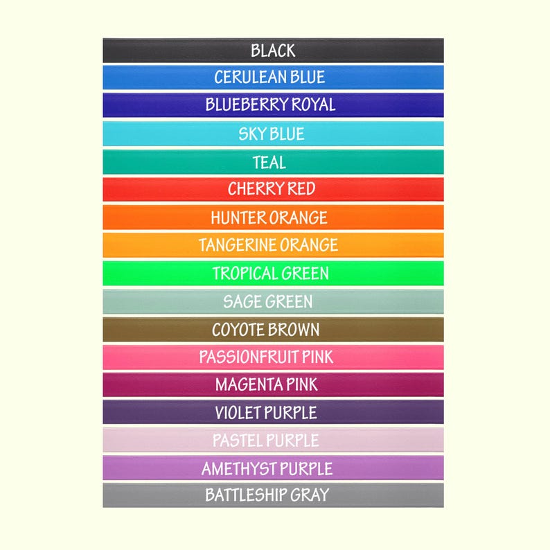 Puede incluir: Una carta de colores que presenta una gama de tonos, incluyendo negro, azul cer&uacute;leo, azul ar&aacute;ndano real, azul cielo, verde azulado, rojo cereza, naranja cazador, naranja mandarina, verde tropical, verde salvia, marr&oacute;n coyote, rosa pasi&oacute;n, rosa magenta, violeta p&uacute;rpura, p&uacute;rpura pastel, p&uacute;rpura amatista y gris acorazado.