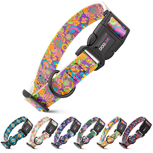 May include: A set of colorful dog collars with various patterns, including floral, geometric, and abstract designs. The collars are made of durable nylon and feature a secure buckle closure. The brand name "DOGLINE" is printed on the buckle.